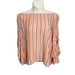 Fever Off-Shoulder Blouse Top Women's Size Lg Peach Striped Long Flowy Sleeves